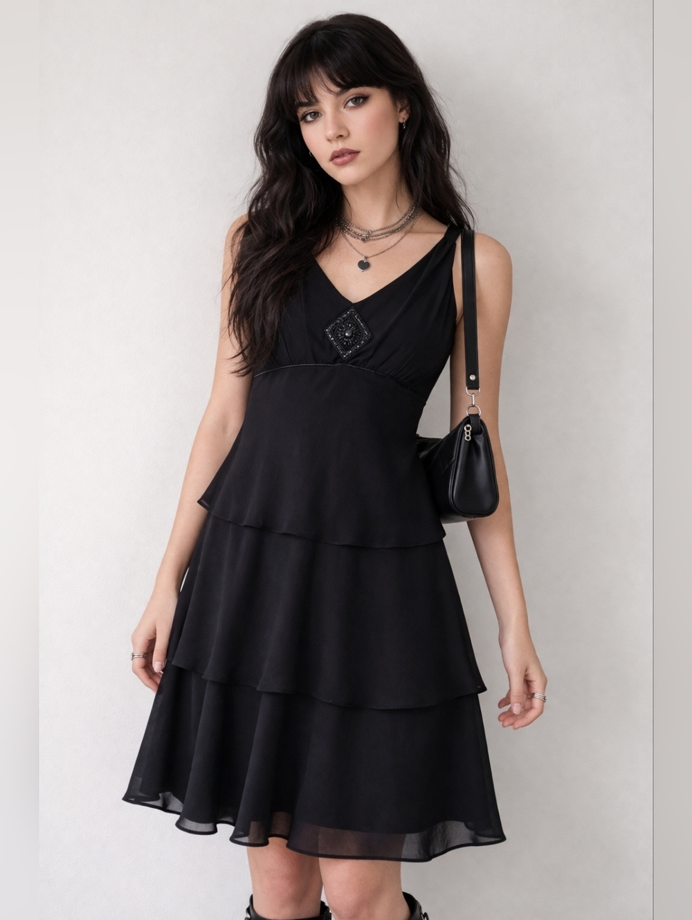 Vintage 90s Lori Ann Tiered Chiffon Dress Size 14 Black Beaded Detail EUC